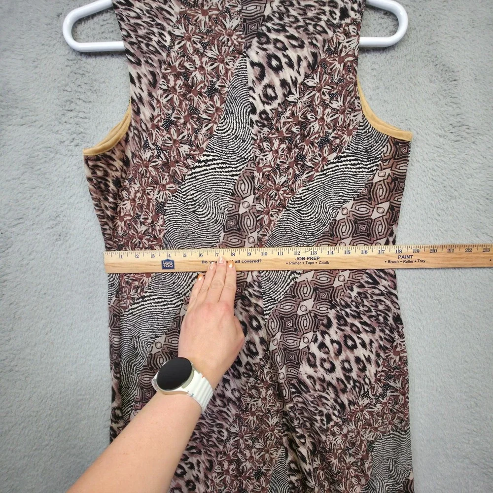 Vintage Kathie Lee Dress Womens XL Brown Patchwork Animal Print Floral Tie Neck‎